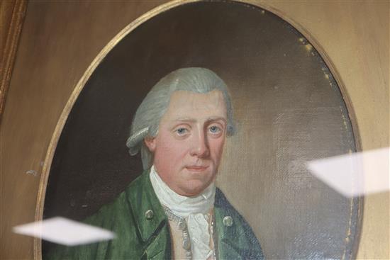 English School (late 18th century) Head and shoulder portrait of a gentleman wearing a powdered wig 12.25 x 9.25in.